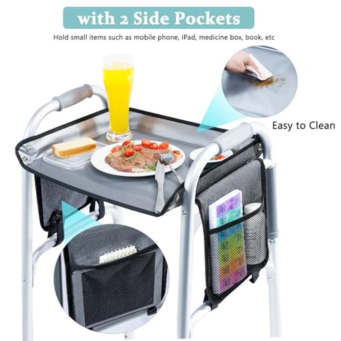 BAGSFY Walker Tray with Cup Holder & Side Pocket - Hard Top Walker Table for Seniors - Folding Walker Accessory for Meals, Reading, Drinks - Non-Slip Surface, Tool-Free Install, Universal Fit by BAGSFY - Image 6