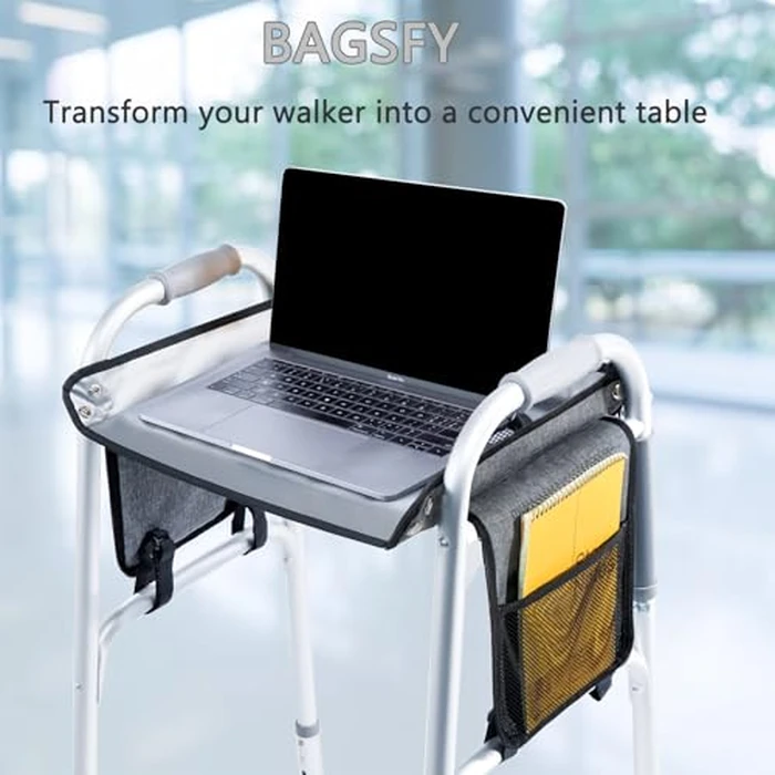 BAGSFY Walker Tray with Cup Holder & Side Pocket - Hard Top Walker Table for Seniors - Folding Walker Accessory for Meals, Reading, Drinks - Non-Slip Surface, Tool-Free Install, Universal Fit by BAGSFY - Image 7