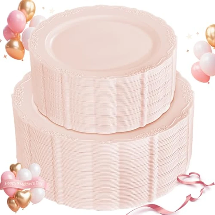 U-QE 100PCS Mauve Pink Plastic Plates for Party - Plastic Plates Disposable Heavy Duty - Pink Easter Plates for Party Including 50PCS 10.25'' &50PCS 7.5'' by U-QE - Used - Like New condition - US$31.45