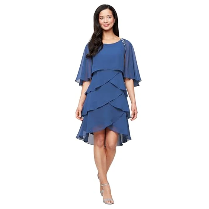 S.L. Fashions Women's Tiered Chiffon Cocktail Party Dress with Attached Cape & Beaded Shoulders, Wedgewood, 14 by S.L. Fashions - Used - Like New condition - US$45.26