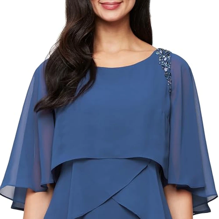S.L. Fashions Women's Tiered Chiffon Cocktail Party Dress with Attached Cape & Beaded Shoulders, Wedgewood, 14 by S.L. Fashions - Image 2
