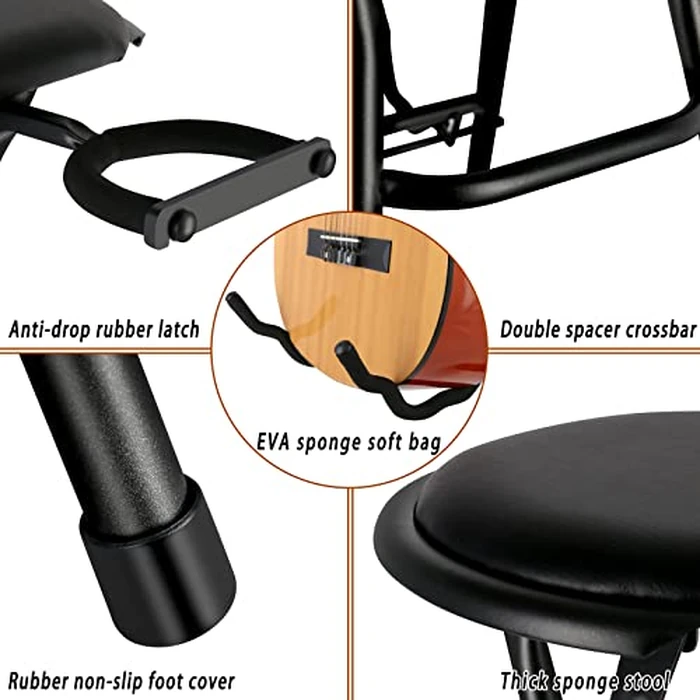 EASTROCK Portable Guitar Stool with Guitar Stand - Folding Guitar Chair with Cushioned Seat and Rubber Feet - Guitar Stools for Adults for Home Studio, Rehearsal Room, Performance Stage, Teaching by EASTROCK - Image 2
