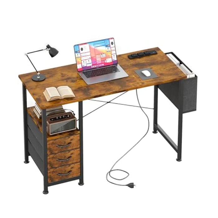Flrrtenv Computer Desk with 3 Drawers and Power Outlets, 39 Inch Small Desk Study Writing Table for Home Office, Simple Modern Work Desk with Storage, Metal Frame, Rustic Brown by Flrrtenv - Image 1