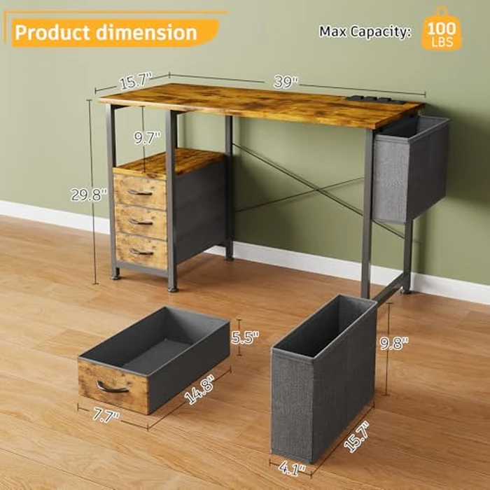 Flrrtenv Computer Desk with 3 Drawers and Power Outlets, 39 Inch Small Desk Study Writing Table for Home Office, Simple Modern Work Desk with Storage, Metal Frame, Rustic Brown by Flrrtenv - Image 2