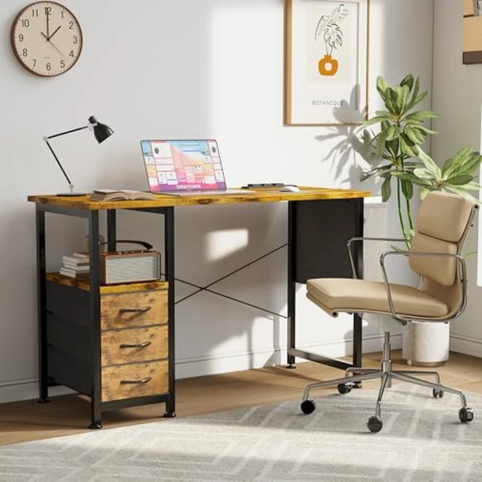 Flrrtenv Computer Desk with 3 Drawers and Power Outlets, 39 Inch Small Desk Study Writing Table for Home Office, Simple Modern Work Desk with Storage, Metal Frame, Rustic Brown by Flrrtenv - Image 7