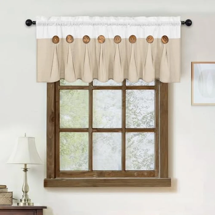 FRAMICS Farmhouse Valance Curtains, Boho Cotton Linen Kitchen Valance, Rustic Button Window Valances for Kitchen, Country Rod Pocket Valances for Windows Bathroom, White and Linen, 52 x 18 Inch by FRAMICS - Image 3