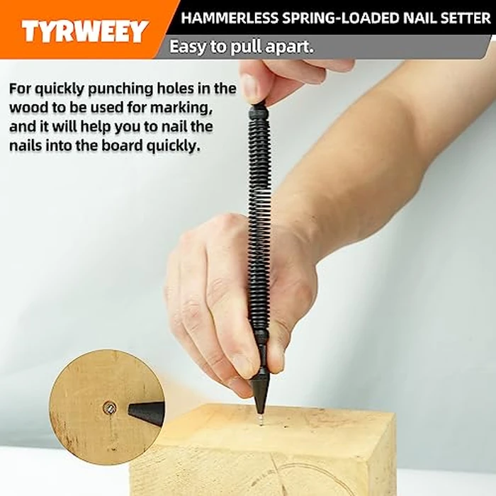 TYRWEEY 2-Piece Nail Setter Dual Head Nail Set, Dual Head Nail Setter, Spring Loaded Center Hole Punch, Hand Tool for Metal or Wood, Nail Setter Features 1/16-in, 1/32-in, 1/8-in, 3/32-in by TYRWEEY - Image 5