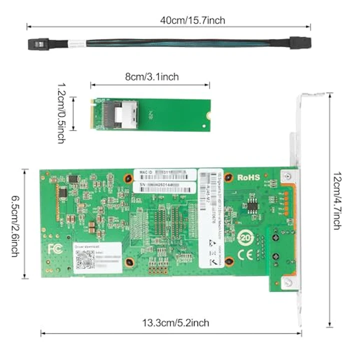 Euqvos 10 Gigabit M.2 to RJ45 NIC, Intel 82599 Controller, Single-Port RJ45, M Key, with SFF 8087 0.35m(1.1ft) Cable, 10 Gigabit Ethernet Expansion Card for Windows/Windows Server/Linux by Euqvos - Image 5