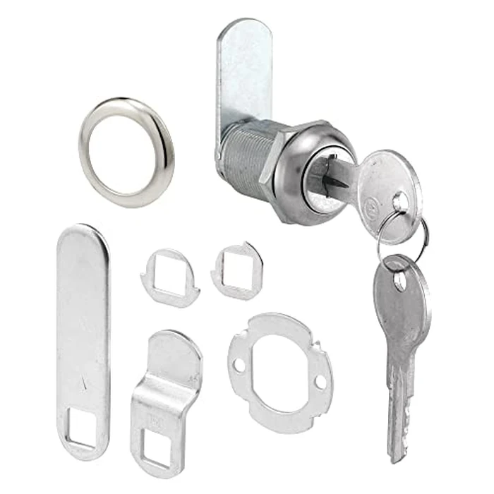 Prime-Line U 9943 Diecast Drawer and Cabinet Lock - 3 Cams, Trim Collar, 2 Washers, 2 Keys and Fasteners - 7/8 In. Length for 9/16 In. Max Panel Thickness, Stainless Steel (1 Set) by PRIME-LINE - Used - Very Good condition - US$6.32