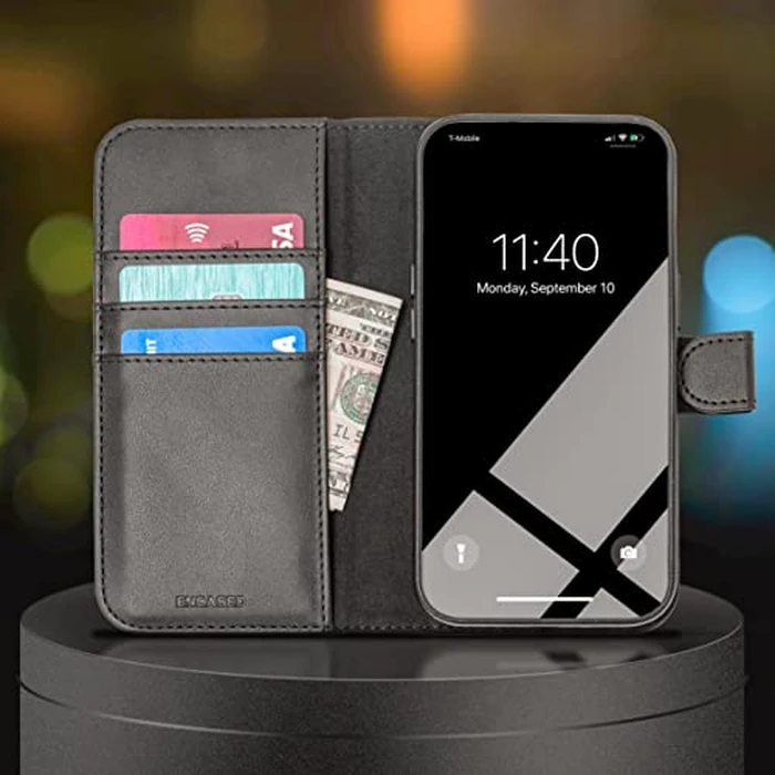 Encased Primo-S Magnetic Folio Compatible with MagSafe - Designed for iPhone 14 Plus Wallet Case - Removable Card Holder and Screen Protector (Black Leather) by ENCASED - Used - Very Good condition