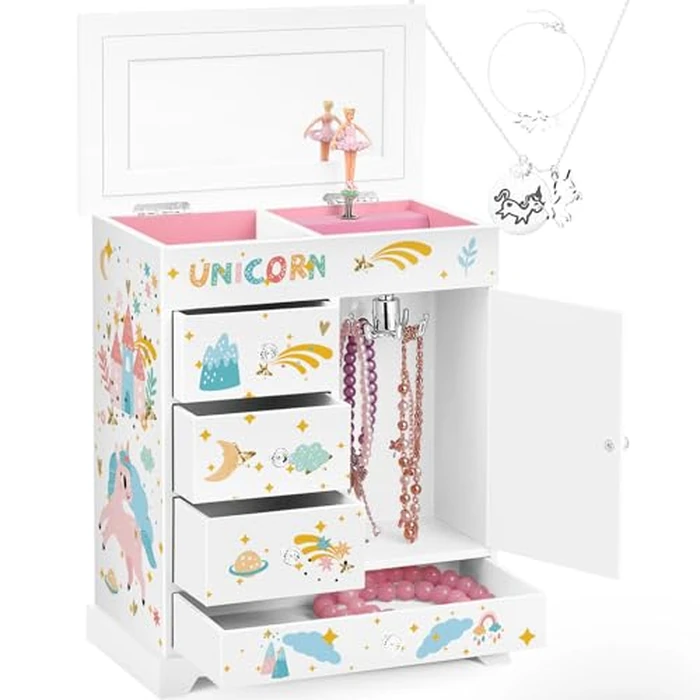 efubaby Large Jewelry Box for Girls 5-Layer Music Box with Swing Door Spinning Ballerina Unicorn Necklace & Bracelet Set Children Jewelry Organizer for Girls Kids Birthday Christmas Gift White by efubaby - Used - Very Good condition