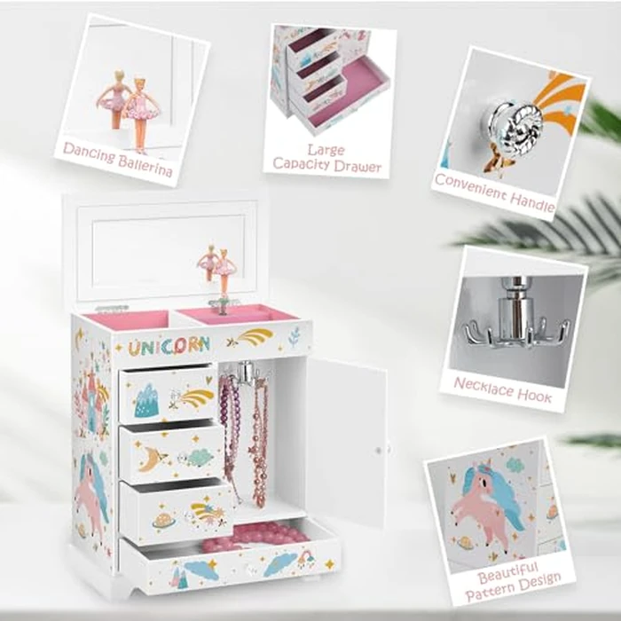 efubaby Large Jewelry Box for Girls 5-Layer Music Box with Swing Door Spinning Ballerina Unicorn Necklace & Bracelet Set Children Jewelry Organizer for Girls Kids Birthday Christmas Gift White by efubaby - Image 2