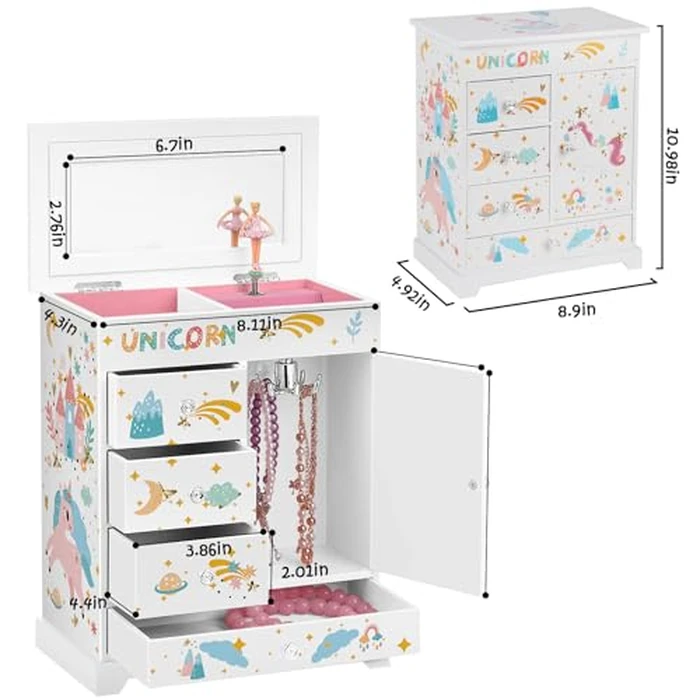 efubaby Large Jewelry Box for Girls 5-Layer Music Box with Swing Door Spinning Ballerina Unicorn Necklace & Bracelet Set Children Jewelry Organizer for Girls Kids Birthday Christmas Gift White by efubaby - Image 3