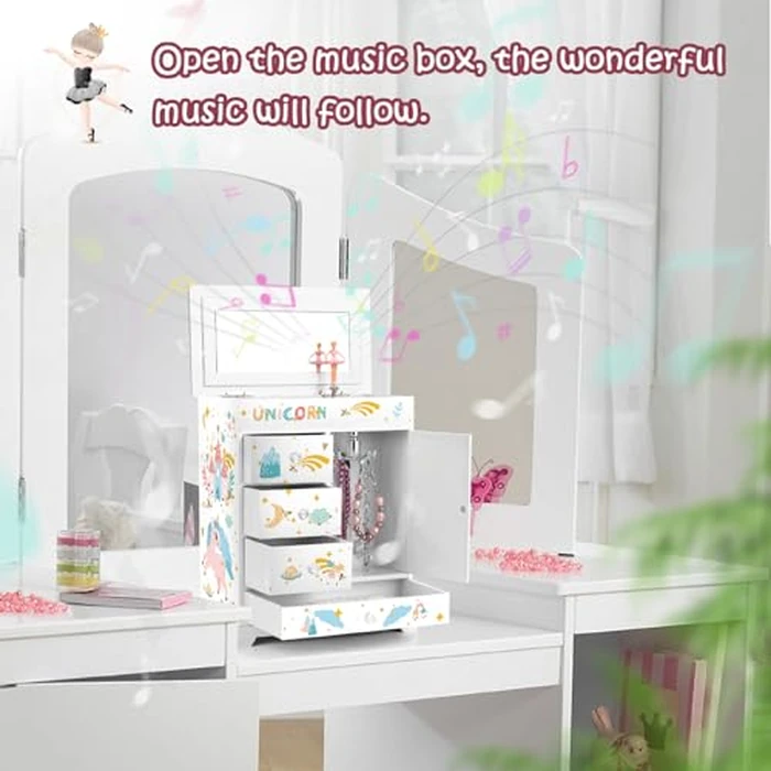 efubaby Large Jewelry Box for Girls 5-Layer Music Box with Swing Door Spinning Ballerina Unicorn Necklace & Bracelet Set Children Jewelry Organizer for Girls Kids Birthday Christmas Gift White by efubaby - Image 5