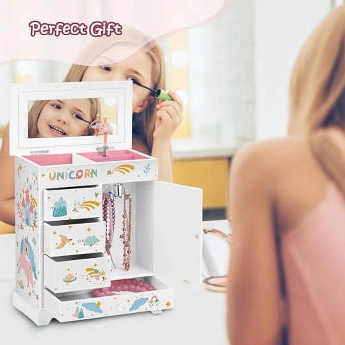 efubaby Large Jewelry Box for Girls 5-Layer Music Box with Swing Door Spinning Ballerina Unicorn Necklace & Bracelet Set Children Jewelry Organizer for Girls Kids Birthday Christmas Gift White by efubaby - Image 6