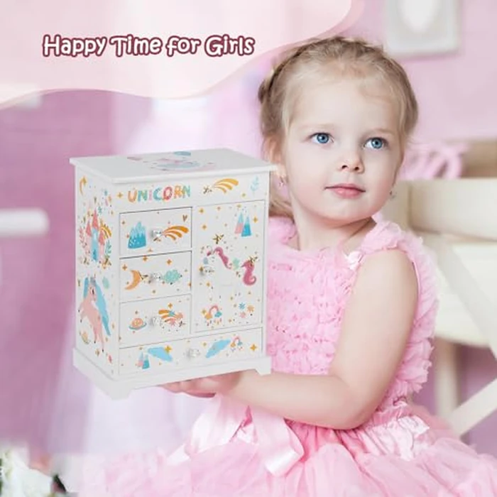 efubaby Large Jewelry Box for Girls 5-Layer Music Box with Swing Door Spinning Ballerina Unicorn Necklace & Bracelet Set Children Jewelry Organizer for Girls Kids Birthday Christmas Gift White by efubaby - Image 7