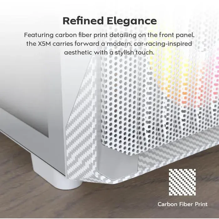 MONTECH X5M- Micro ATX Gaming PC Case, High Airflow, 4x120mm ARGB Fans Pre-installed, Glass Side Panel, Carbon Fiber Print Accents, White by Montech - Image 4