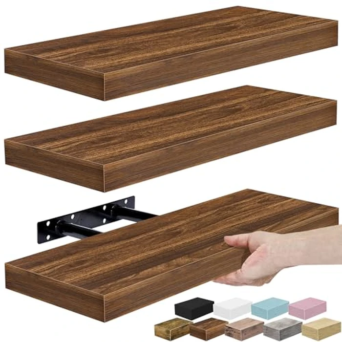 Sorbus Floating Shelves for Wall, Bathroom Shelves Wall Mounted for Kitchen, Bedroom, Bathroom Storage Over Toilet, Hanging Book Shelf for Ｗall Home Decor Living Room (Walnut, 3 Pack) by SORBUS - Used - Acceptable condition - CA$29.32