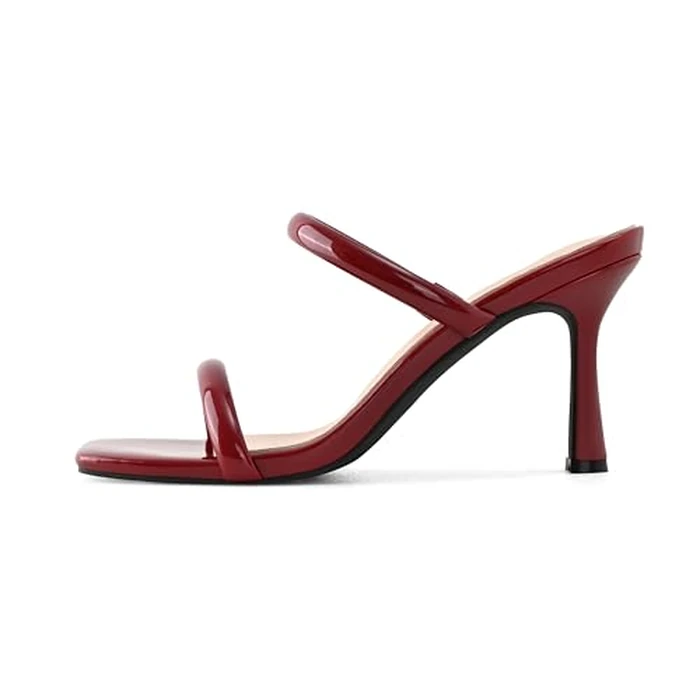 Shoe'N Tale Women's Strappy Heels Kitten Heeled Mules Two Straps Square Open Toe Slip On Sandals(7,Burgundy) by Shoe'N Tale - Image 2