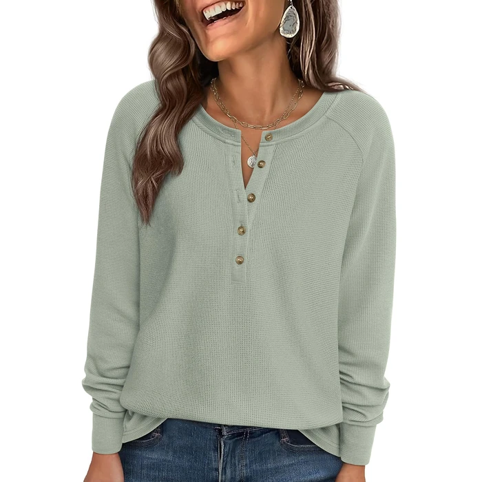 PRETTYGARDEN Women Long Sleeve Waffle Knit Shirts 2026 Fall Casual Button V Neck Loose Henley Tops Basic Tees Winter Clothes (Sage Green,Large) by PRETTYGARDEN - Used - Like New condition - US$18.56