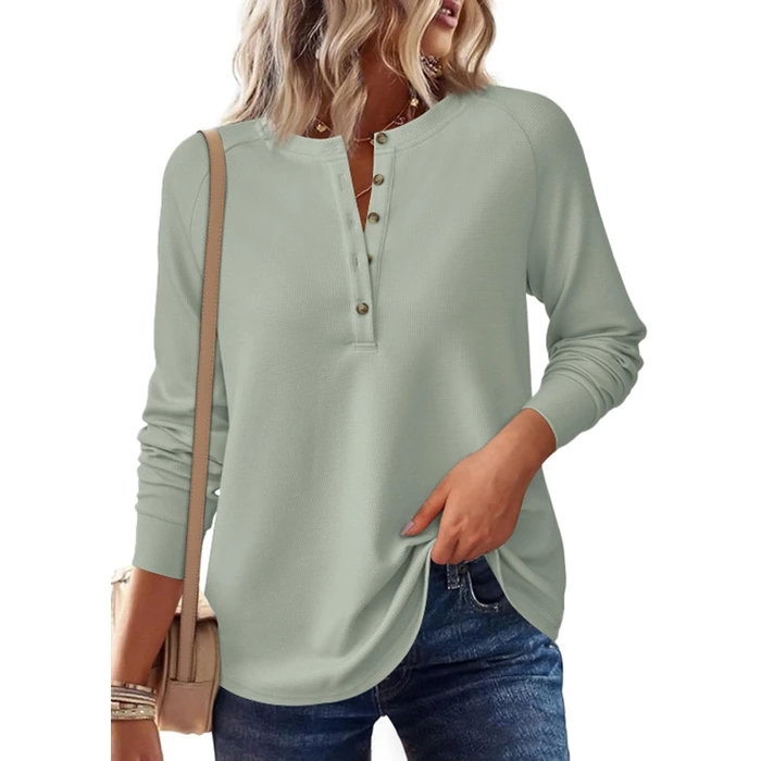 PRETTYGARDEN Women Long Sleeve Waffle Knit Shirts 2026 Fall Casual Button V Neck Loose Henley Tops Basic Tees Winter Clothes (Sage Green,Large) by PRETTYGARDEN - Image 3