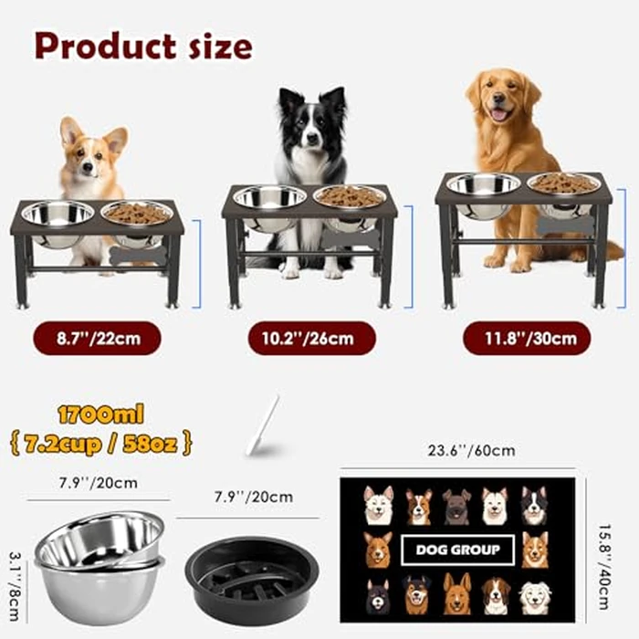 SHAINFUN Elevated Dog Bowls with Slow Feeder & Mat for Medium and Large Dogs, 12" Tall Adjustable Wooden & Metal Raised Dog Bowl Stand, 2 Stainless Steel 58oz Bowls for Food & Water by SHAINFUN - Image 3