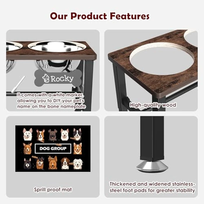 SHAINFUN Elevated Dog Bowls with Slow Feeder & Mat for Medium and Large Dogs, 12" Tall Adjustable Wooden & Metal Raised Dog Bowl Stand, 2 Stainless Steel 58oz Bowls for Food & Water by SHAINFUN - Image 4