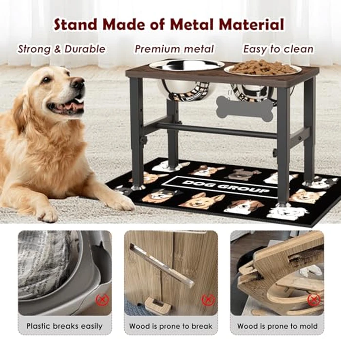 SHAINFUN Elevated Dog Bowls with Slow Feeder & Mat for Medium and Large Dogs, 12" Tall Adjustable Wooden & Metal Raised Dog Bowl Stand, 2 Stainless Steel 58oz Bowls for Food & Water by SHAINFUN - Image 5