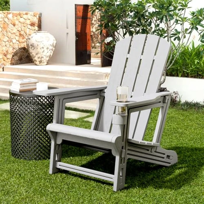 Adirondack Chair, Adirondack Plastic Patio Chairs with Cup Holder, Without Screws Install, Outdoor Funiture for Backyard Garden Lawn Beach, 400 LBS Capacity, Grey by FONTOI - Used - Like New condition - US$70.71