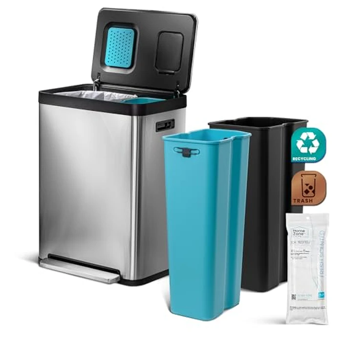 Home Zone Living 19 Gallon Kitchen Trash Can with Dual Compartments for Recycling, CleanAura Odor Control, Stainless Steel, Silver, 70 Liters Total by Home Zone Living - Used - Acceptable condition - US$123.41