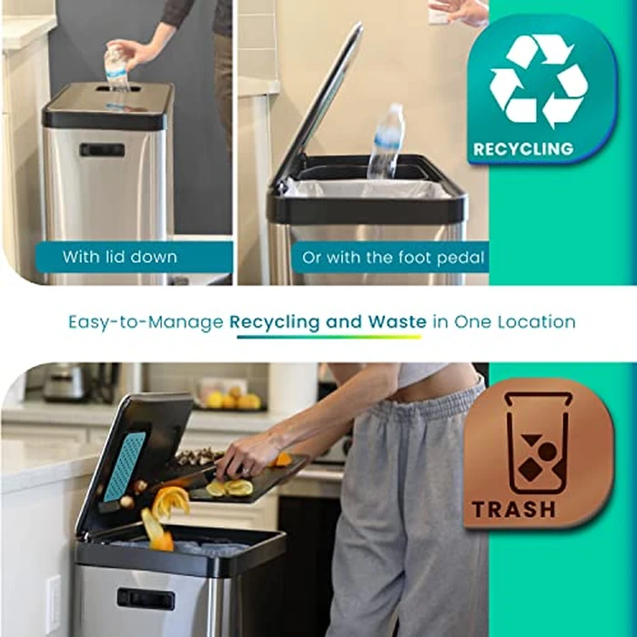 Home Zone Living 19 Gallon Kitchen Trash Can with Dual Compartments for Recycling, CleanAura Odor Control, Stainless Steel, Silver, 70 Liters Total by Home Zone Living - Image 3