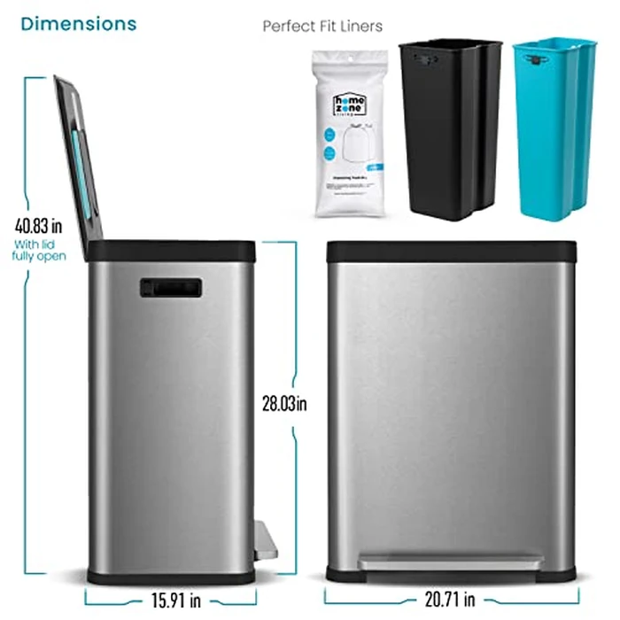 Home Zone Living 19 Gallon Kitchen Trash Can with Dual Compartments for Recycling, CleanAura Odor Control, Stainless Steel, Silver, 70 Liters Total by Home Zone Living - Image 6