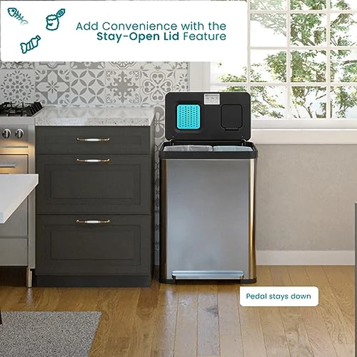 Home Zone Living 19 Gallon Kitchen Trash Can with Dual Compartments for Recycling, CleanAura Odor Control, Stainless Steel, Silver, 70 Liters Total by Home Zone Living - Image 7