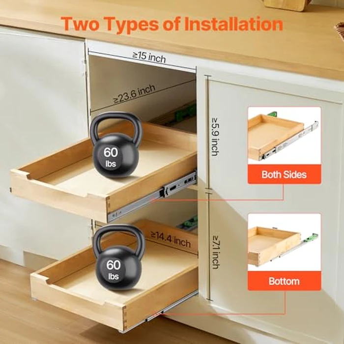 VEVOR Pull Out Cabinet Organizer, 14"W x 21"D Cabinet Drawer, Soft Close Slide out Shelf, Heavy-Duty Sliding Wood Drawer, Bottom Mount Size（14.5"W x 23"D）and Side Mount Size（15"W x 23"D） by VEVOR - Image 5
