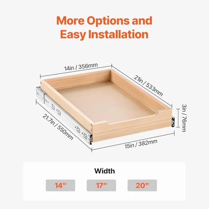 VEVOR Pull Out Cabinet Organizer, 14"W x 21"D Cabinet Drawer, Soft Close Slide out Shelf, Heavy-Duty Sliding Wood Drawer, Bottom Mount Size（14.5"W x 23"D）and Side Mount Size（15"W x 23"D） by VEVOR - Image 7