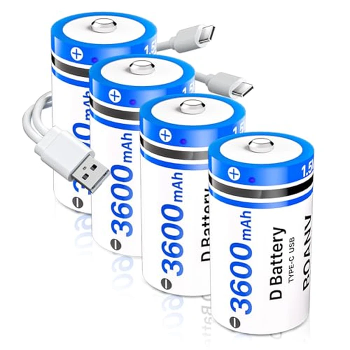 BOANV 4PCS Rechargeable D Batteries with 2 in 1 USB Cable, Lithium-ion D Batterties, 1.5V 3600mAh D Size Cell Battery for Floodlight Toys,Flashlights,Camping Lanterns and Work Lights by BOANV - Image 1