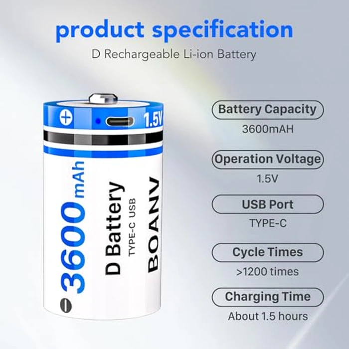 BOANV 4PCS Rechargeable D Batteries with 2 in 1 USB Cable, Lithium-ion D Batterties, 1.5V 3600mAh D Size Cell Battery for Floodlight Toys,Flashlights,Camping Lanterns and Work Lights by BOANV - Image 3