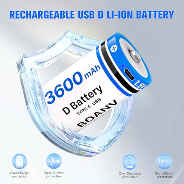 BOANV 4PCS Rechargeable D Batteries with 2 in 1 USB Cable, Lithium-ion D Batterties, 1.5V 3600mAh D Size Cell Battery for Floodlight Toys,Flashlights,Camping Lanterns and Work Lights by BOANV - Image 5