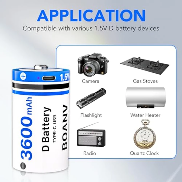 BOANV 4PCS Rechargeable D Batteries with 2 in 1 USB Cable, Lithium-ion D Batterties, 1.5V 3600mAh D Size Cell Battery for Floodlight Toys,Flashlights,Camping Lanterns and Work Lights by BOANV - Image 6