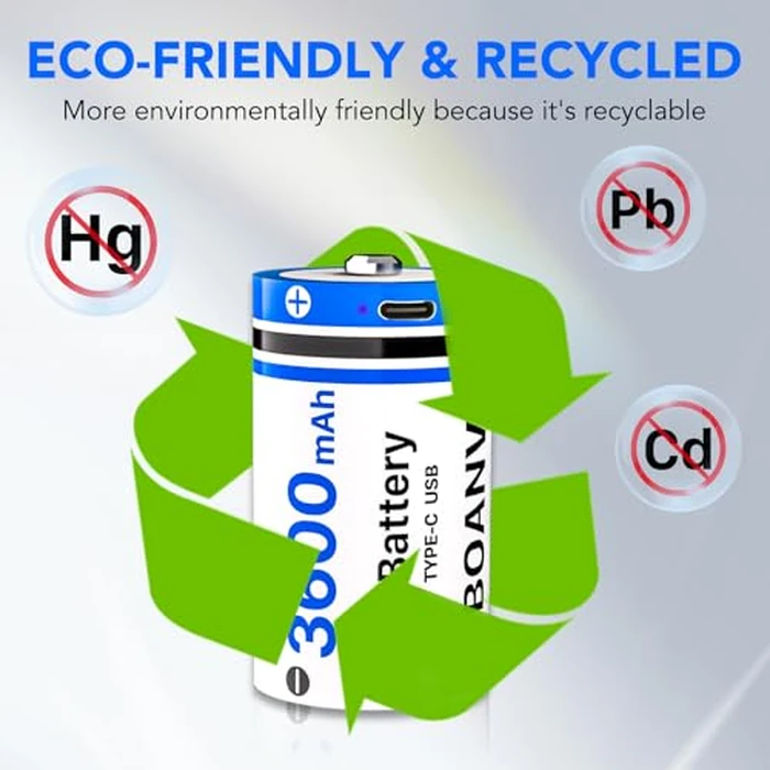 BOANV 4PCS Rechargeable D Batteries with 2 in 1 USB Cable, Lithium-ion D Batterties, 1.5V 3600mAh D Size Cell Battery for Floodlight Toys,Flashlights,Camping Lanterns and Work Lights by BOANV - Image 7