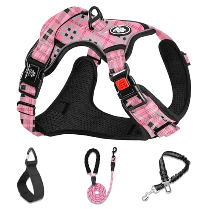 NESTROAD No Pull Dog Harness with Leash, Reflective No Choke Pet Vest Harness,Adjustable Soft Padded Dog Harness with Easy Control Handle for Large Dogs(Checkered Pink,X-Large) by NESTROAD - Used - Like New condition - CA$30.03