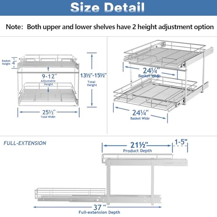 ROOMTEC Individual Pull Out Cabinet Organizer (25½"W x 21½"D), 2 Tier Spice Rack Organizer for Cabinet, Slide Out Drawer Pantry Shelf Organization and Storage for Kitchen Bathroom by ROOMTEC - Image 3