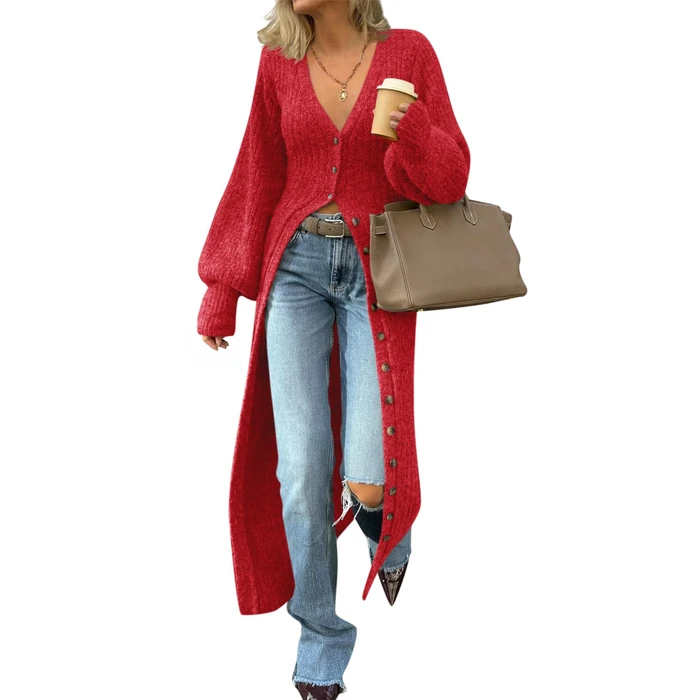 Saodimallsu Womens Long Cardigans V Neck Button Down Chunky Knit Dusters Sweater Coat Fall Trendy Maxi Sweater Dress Red by Saodimallsu - Image 1