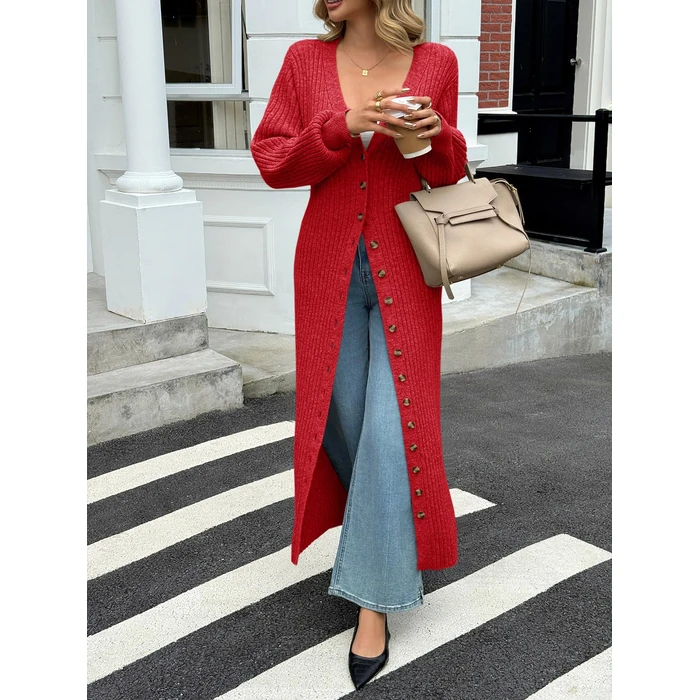 Saodimallsu Womens Long Cardigans V Neck Button Down Chunky Knit Dusters Sweater Coat Fall Trendy Maxi Sweater Dress Red by Saodimallsu - Image 2