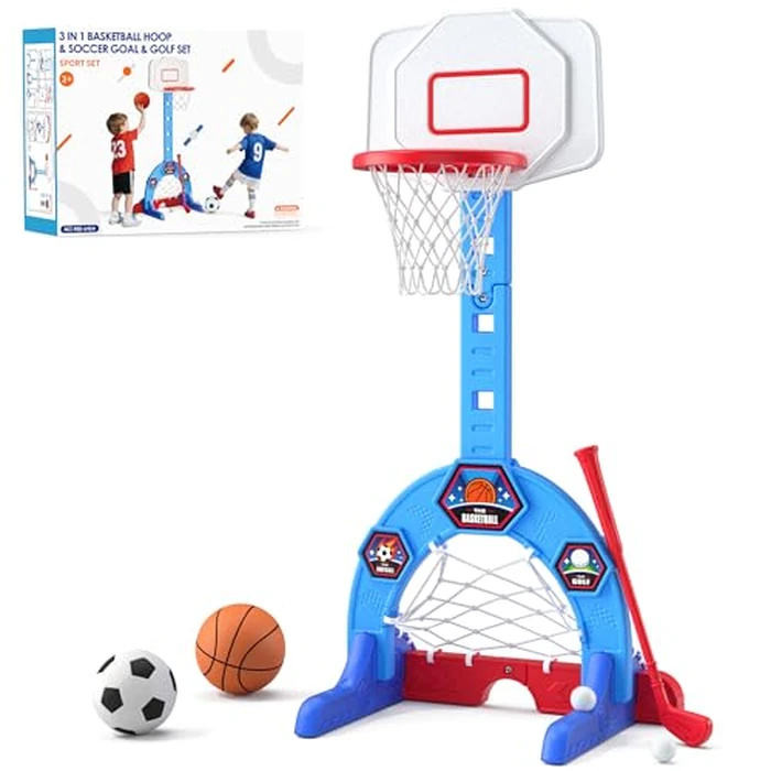 HYES Toddler Basketball Hoop, 3-in-1 Sports Activity Center with Soccer Goal, Golf Game, 5 Height Adjustable Kids Basketball Hoop, Indoor Outdoor Playset Toys Gifts for Boys Girls 3-5, Blue by HYES - Image 1