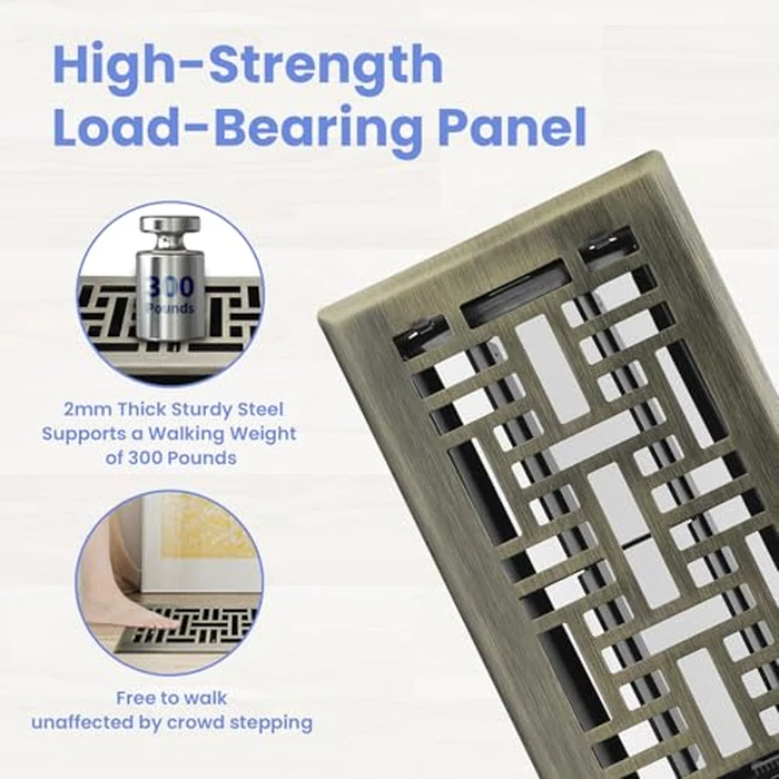 Howeall 4x8 Inches Heavy Duty Walkable Floor Register Easy Adjust Air Supply Lever Floor Vents - Seattle Design - Vent Cover for Home Floor - Antique Brass by Howeall - Image 2