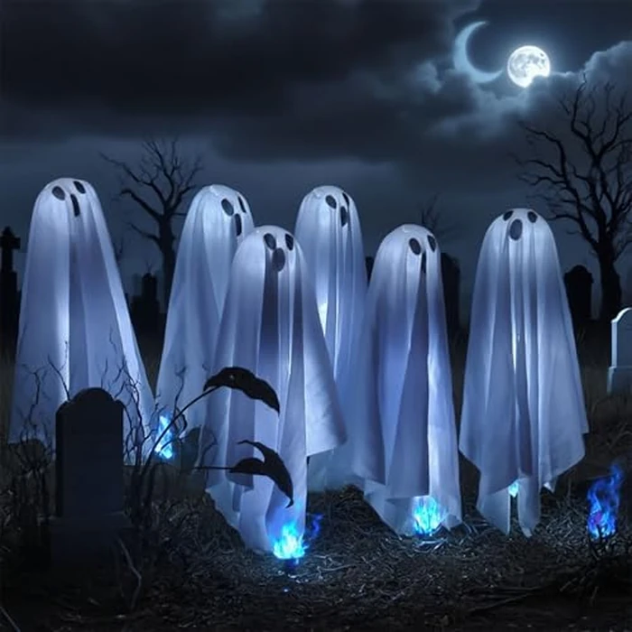 6 in 1 Halloween Decorations Outdoor, Solar Ghost Pathway Lights, Waterproof, LED Light Up Spooky Ghost Decor for Front Door Porch Garden Yard Lawn Patio Halloween Party by SenceHome - Used - Like New condition - US$16.12