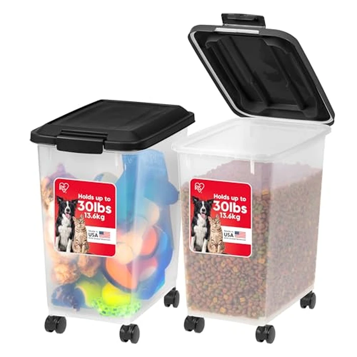 IRIS USA Dog Food Storage Container, 2 Pack, Up to 30 lbs Each, Airtight Seal for Freshness, Wheels for Rolling, Easy One Hand Opening, Made in USA, BPA Free, Clear/Black by IRIS USA - Image 1