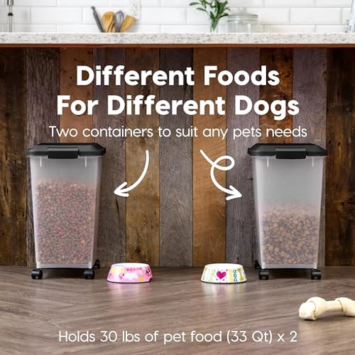 IRIS USA Dog Food Storage Container, 2 Pack, Up to 30 lbs Each, Airtight Seal for Freshness, Wheels for Rolling, Easy One Hand Opening, Made in USA, BPA Free, Clear/Black by IRIS USA - Image 3