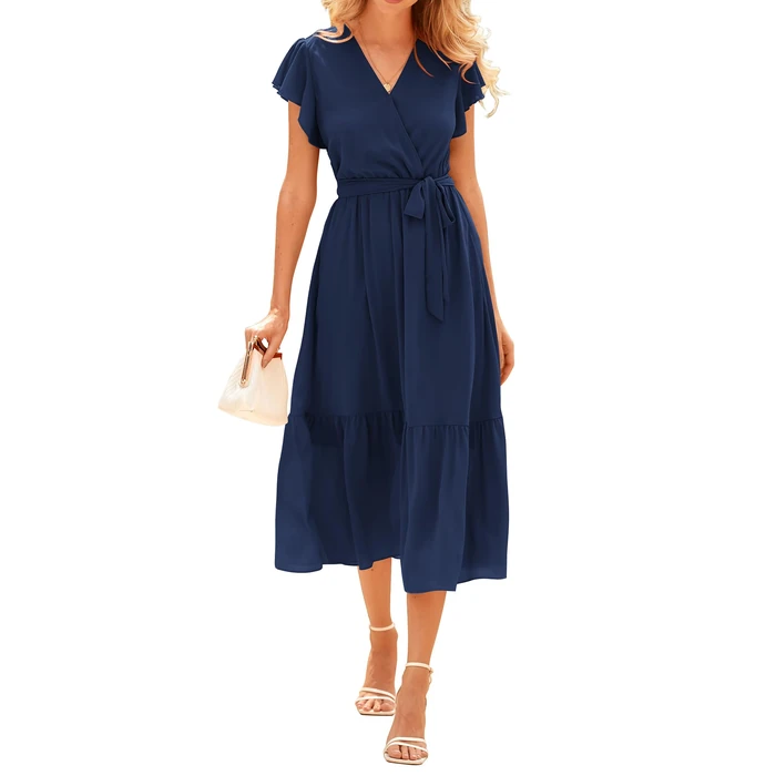 BTFBM Women Summer Bohemian Floral Casual Wrap V Neck Ruffle Cap Sleeveless Belt A-Line Pleated Hem Midi Sun Dress(Solid Navy,Small) by BTFBM - Image 1